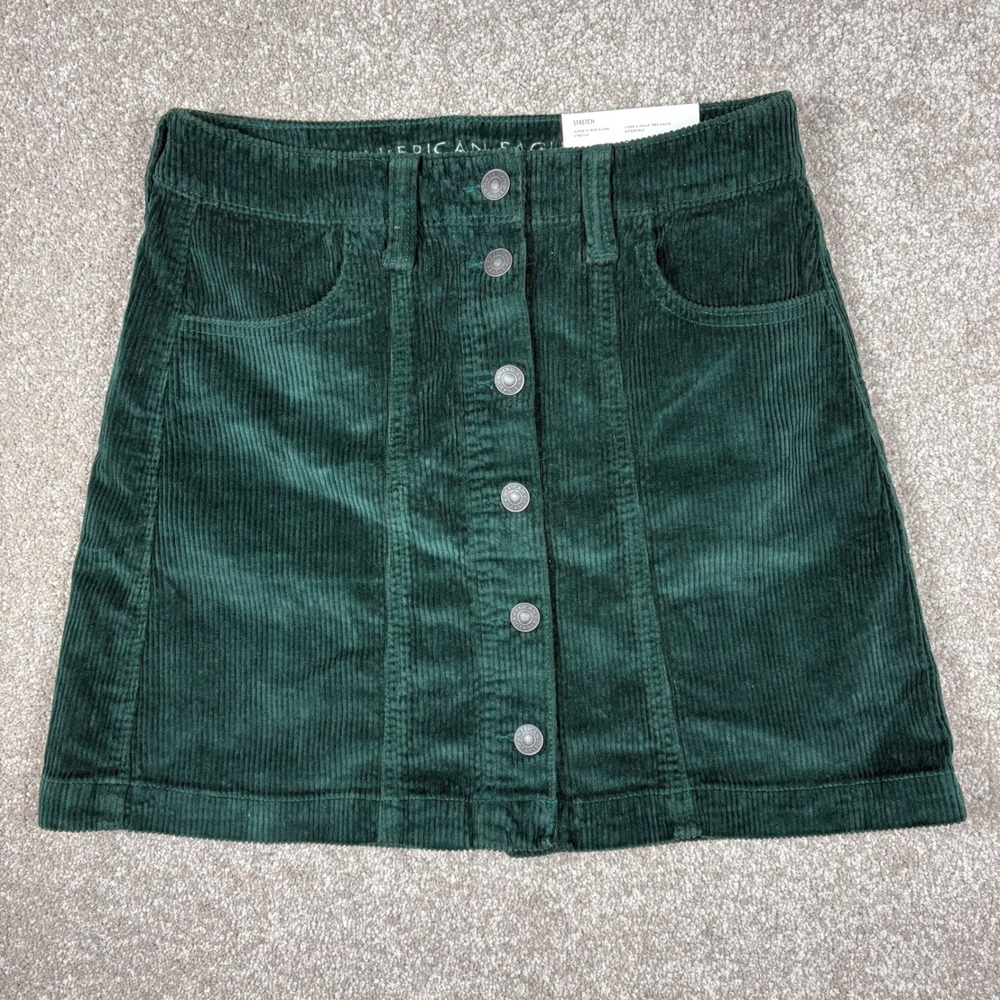 American Eagle Forest Green Corduroy Button Front A-Line Mini Skirt Size 2 26W